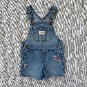 OshKosh B'gosh Kids Blue Denim Short Overalls with Floral Embroidery, Size 2T